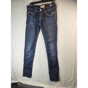 MEK Denim Oaxaca Cigarette Jeans Womens 26 Distressed Dark Wash Slim Leg Blue